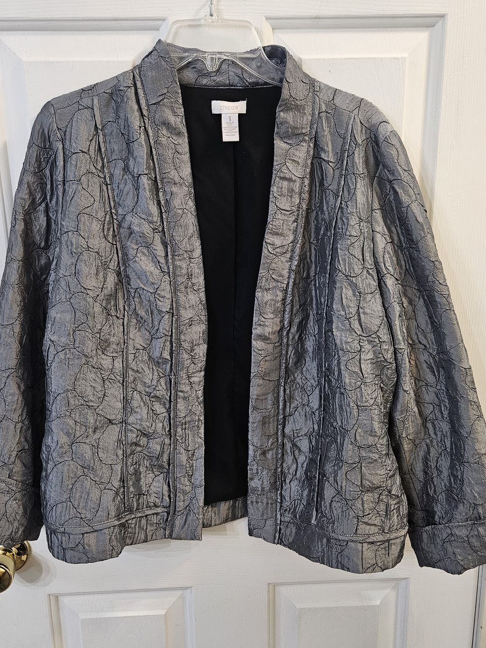 Chico's Silver Gray & Black Crinkle Textured Open JacketSize 1